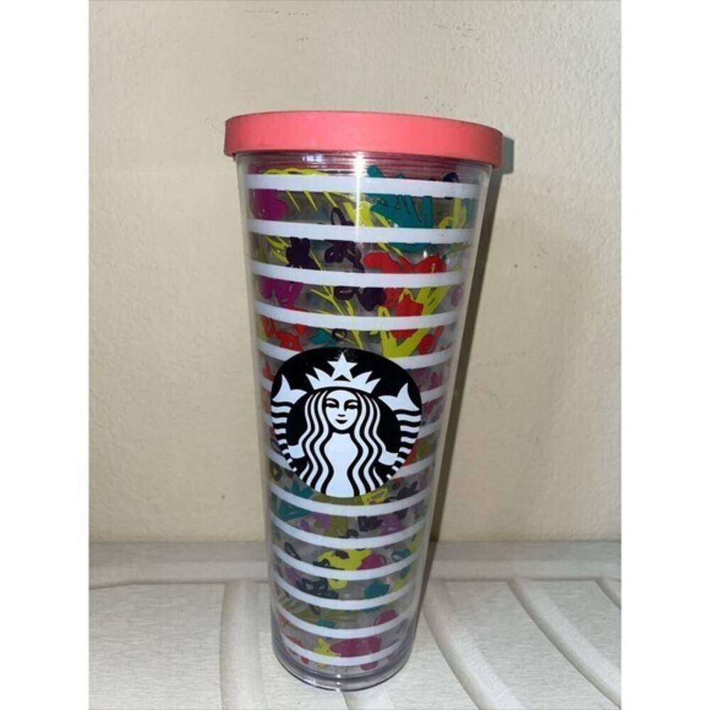 Starbucks Floral Stripes Bright Flowers Cold Cup Tumbler No Straw 24 oz